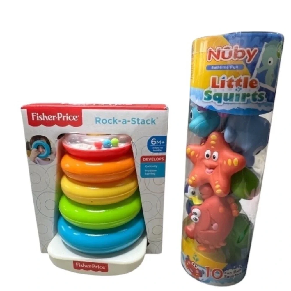 Fisher-Price Rock-a-Stack & Nuby Little Squirts 10pk Bath Toy Bundle -New